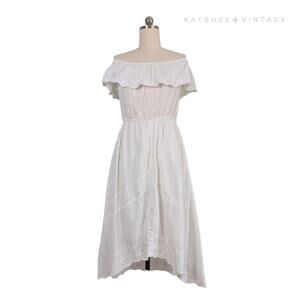Eyelet Milkmaid Midi Dress L White Lace Peasant Off Shoulder Ruffle Honeymoon